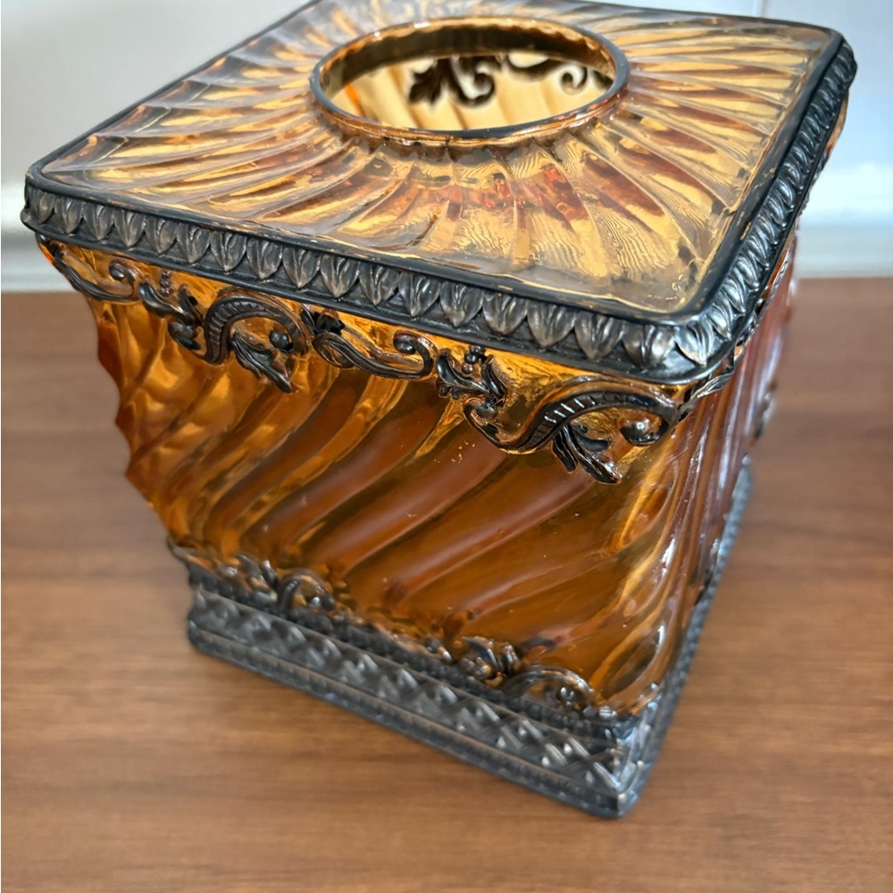 Amber  Decorative Tissue Box Cover with Ornate Silver Trim with black coloring.